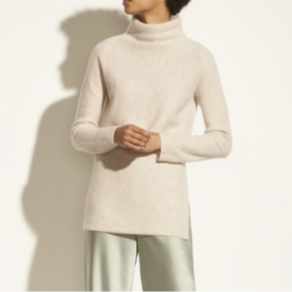 Vince 100% Cashmere Beige Tan Rolled Neck Relaxed Fit Sweater Long Sleeve Jumper